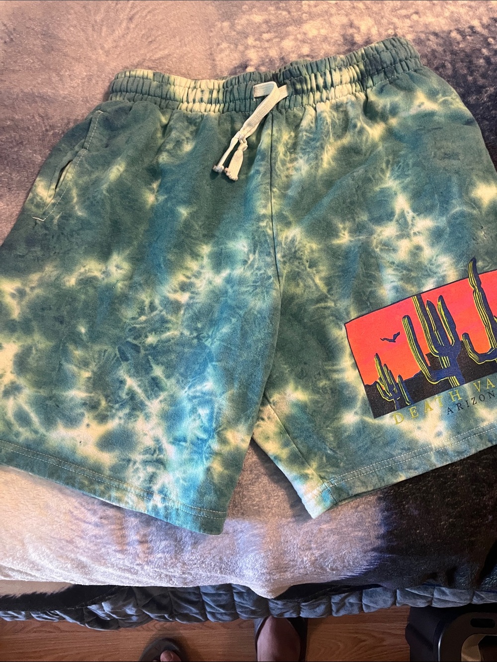 Men's Green Tie-Dye Athletic Drawstring Shorts with Desert Graphic